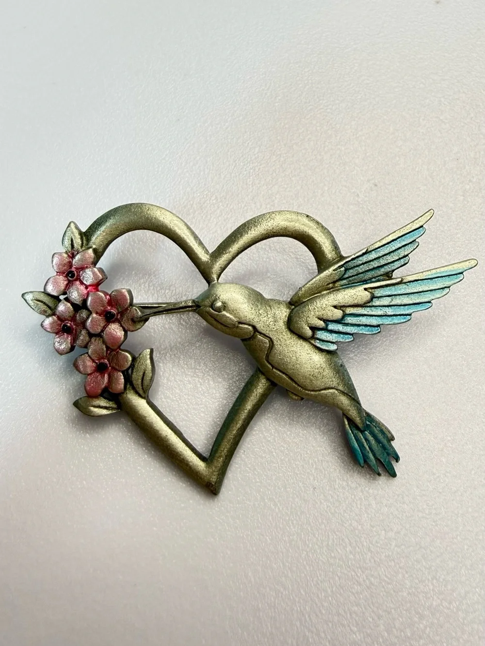 JJ Jonette Signed Hummingbird Silver Heart Brooch w/ Pink Flowers & Teal Wings